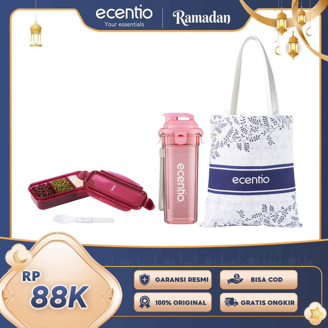 ecentio Paket Lifestyle Praktis Botol Minum 500ml + Snack Box + Tas Kanvas Batik Stylish & Fungsional Pilihan Warna Hijau / Abu / Merah