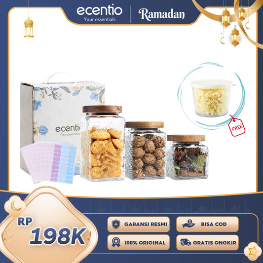 ecentio Ramadhan Kitchen Hampers — Glass Container 3pcs + Gelas Kaca + Label Morandi