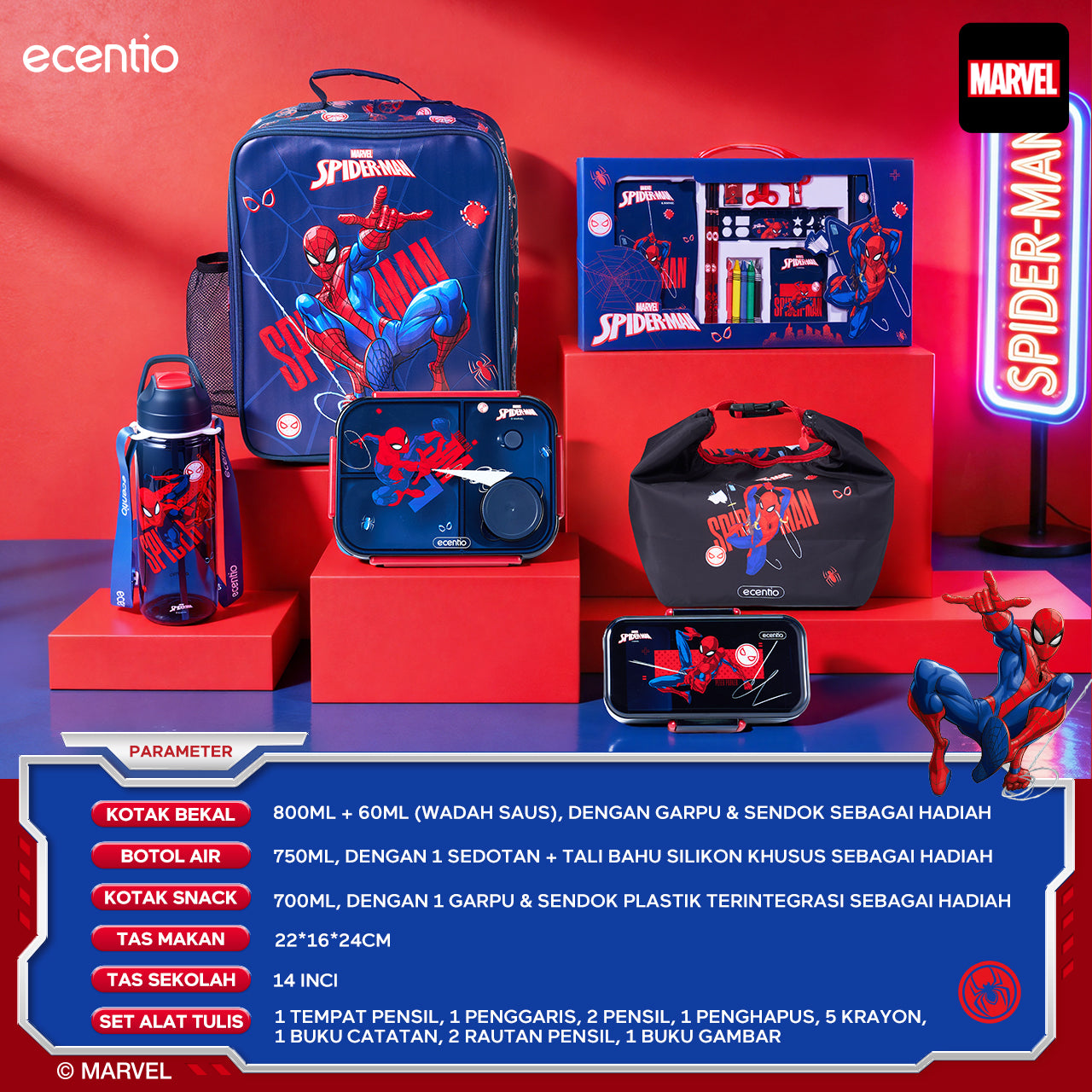 Pre-Order[Back To School] ecentio Kotak Makan Set anti tumpah lunch box anak 800ml free sendok botol minum lucu BPA Free Tas bekal