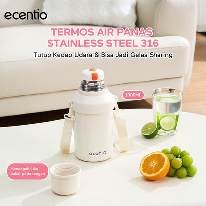 ecentio Termos Air Panas 316 Stainless Steel 1000ml Buka Sekali Tekan Tutup Kedap Udara Bisa Jadi Gelas Sharing Tahan Panas 11 Jam Dingin 24 Jam Desain Aesthetic Portabel Tahan Lama Cocok untuk Camping