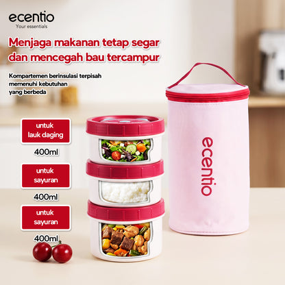 Pre- order ecentio Kotak Makan Lunch Box Set 3PCS 304 Stainless Steel Anti Bocor Anti Tumpah Bento Box Sekat Makanan dengan Tas Bekal Free Sendok BPA Free