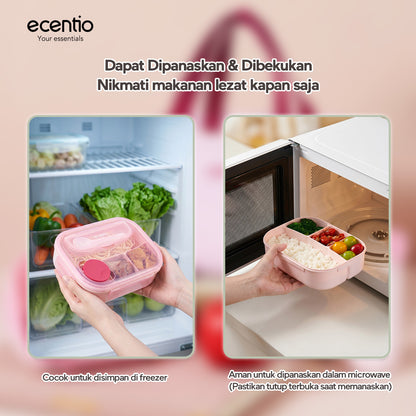 ecentio Lunch Box Anti Tumpah 1200ML + Botol Minum 500ML BPA Free Tempat Bekal Makan Anak Sekolah Kotak Makan Plastik Free Sendok & Kotak Saus Lunch Box Sekat Kedap Bocor Bekal Kerja