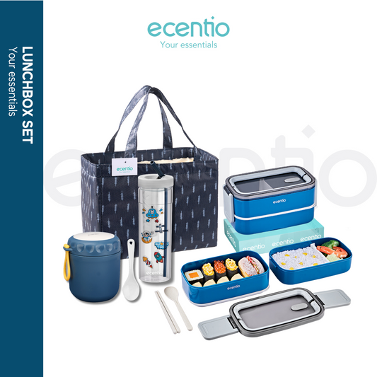 ecentio lunch box set/bekal makan set cangkir sup set Led Display 2 layer 1600ml+420ML Vacuum Cup tumbler Biru tua Non BPA