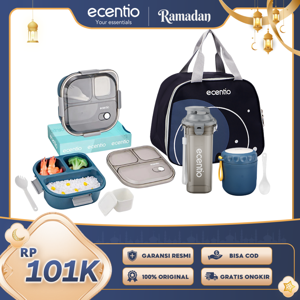 【Buy 1 Get 4】ecentio Bekal Set 4in1 — Lunch Box 3 Sekat 1100ml + Botol Infuser 500ml + Tas Bekal + Soup Cup