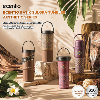ecentio SULORA Series batik tumbler stainless 316 dalam keramik 600ml/680ml/850ml Botol minum Aesthetic Portable Thermos besar tas tumbler tahan panas dingin 36 jam Thermos Botol minum besar