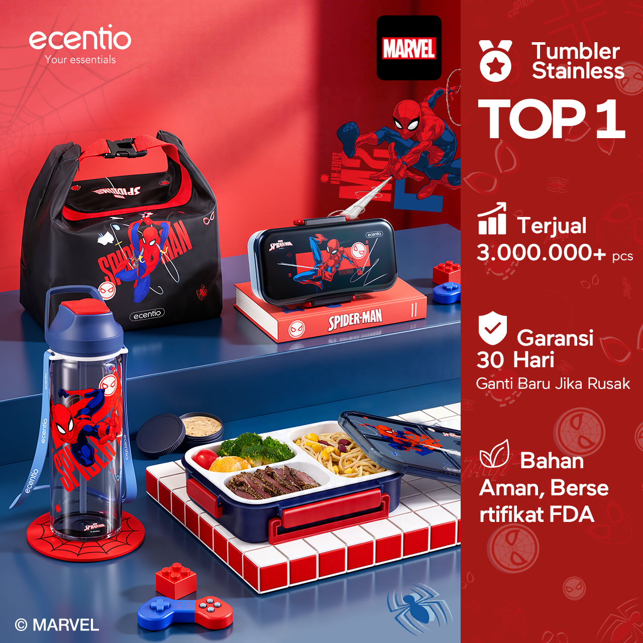 Pre-Order[Back To School] ecentio Kotak Makan Set anti tumpah lunch box anak 800ml free sendok botol minum lucu BPA Free Tas bekal
