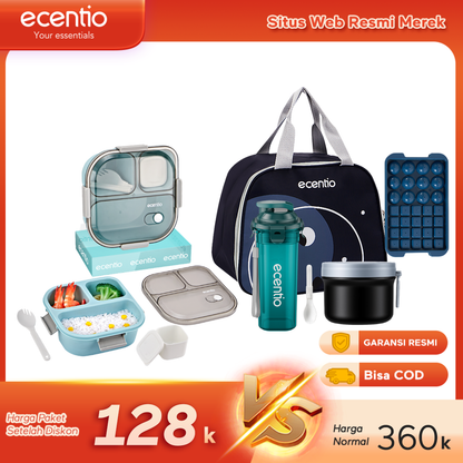 【Buy 1 Get 5】ecentio Bekal Set 5in1 — Lunch Box 3 Sekat 1100ml + Botol Infuser 500ml + Tas Bekal + Soup pot 304 stainless steel+Ice Tray 32 Grid