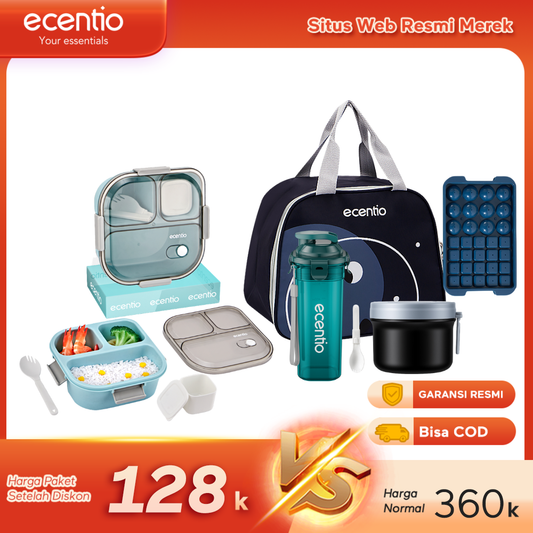 【Buy 1 Get 5】ecentio Bekal Set 5in1 — Lunch Box 3 Sekat 1100ml + Botol Infuser 500ml + Tas Bekal + Soup pot 304 stainless steel+Ice Tray 32 Grid