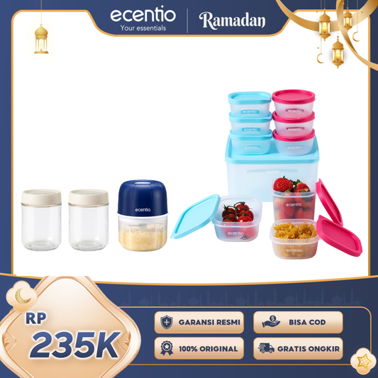 ecentio Ramadhan Meal Prep Gift Set — 10pcs Lunch Box + 6 Blade Garlic Chopper + Glass Container 480ml*2