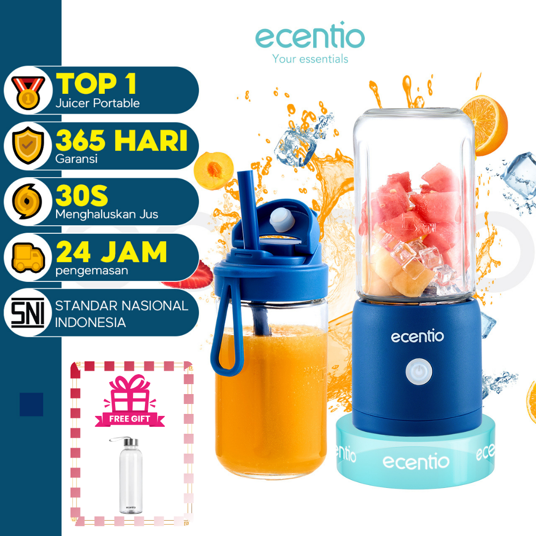 ecentio blender 10 pisau juicer Kaca Tebal 2 Cup mini portable dengan sedotan 380ml+380ml