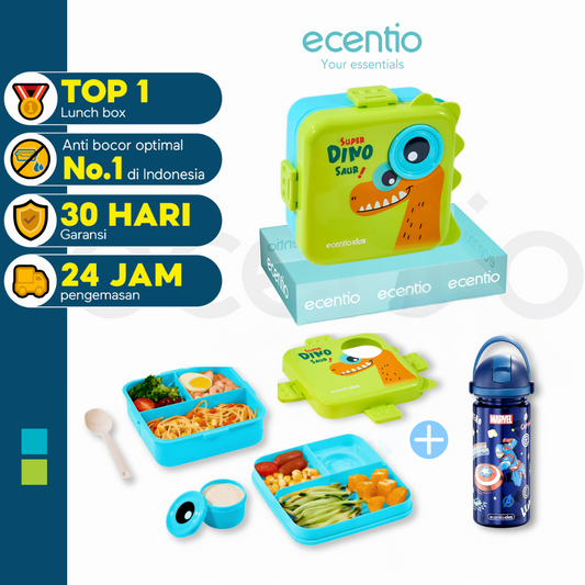 ecantiokids Anti Tumpah kotak makan set siang anak kartun dinosaurus 3 sekat +Botol Air Minum Disney
