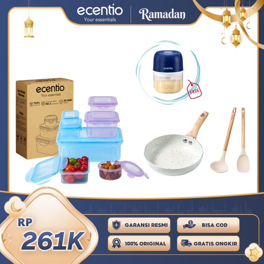ecentio Ramadhan Kitchen Gift Set — Set Kotak Makan Anti Bocor 7pcs + Alat Penumbuk Bawang + Wajan Anti Lengket 16cm + Spatula & Sendok Silikon