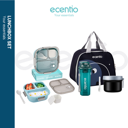 【Buy 1 Get 4】ecentio Bekal Set 4in1 — Lunch Box 3 Sekat 1100ml + Botol Infuser 500ml + Tas Bekal + Soup pot 304 stainless steel