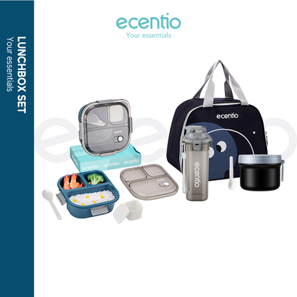 【Buy 1 Get 4】ecentio Bekal Set 4in1 — Lunch Box 3 Sekat 1100ml + Botol Infuser 500ml + Tas Bekal + Soup pot 304 stainless steel