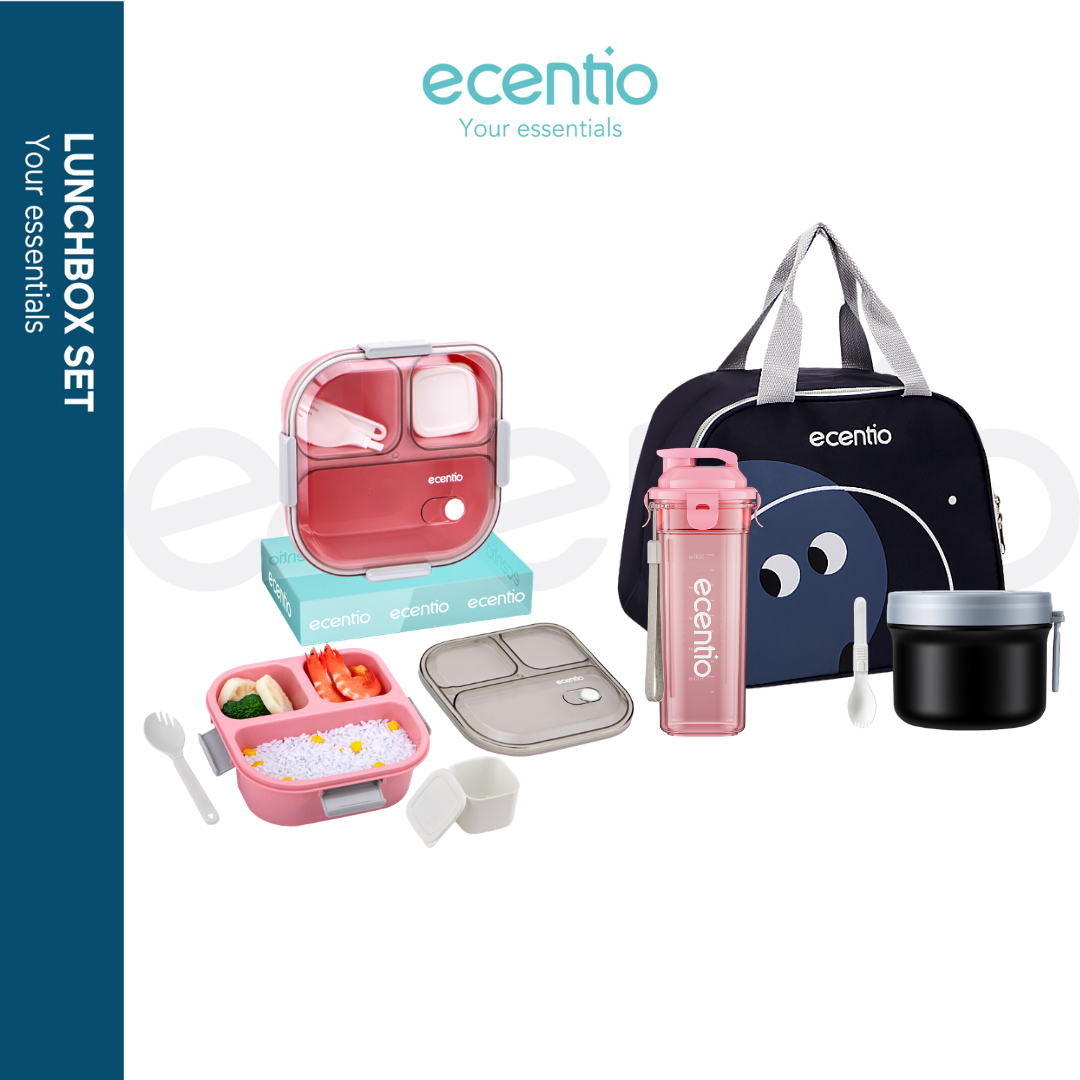 【Buy 1 Get 4】ecentio Bekal Set 4in1 — Lunch Box 3 Sekat 1100ml + Botol Infuser 500ml + Tas Bekal + Soup pot 304 stainless steel