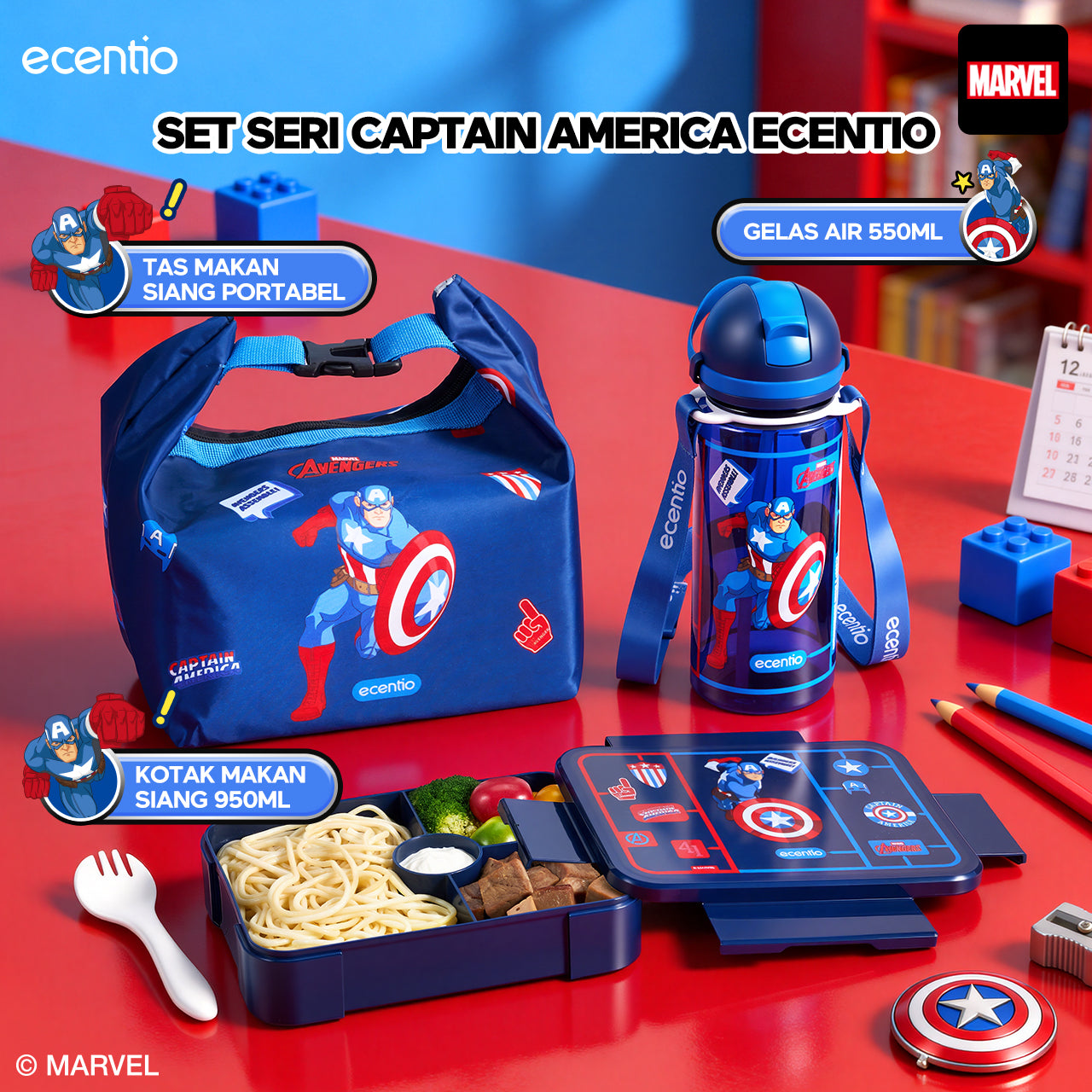 【PO 11 June】 ecentio Captain America Lunch Box Anak Set Botol Minum Kotak Makan Anak Anti Bocor Anti Tumpah Tempat Bekal Anak Sekolah BPA Free Tas Bekal Kotak Bekal Sekolah Perlengkapan Sekolah