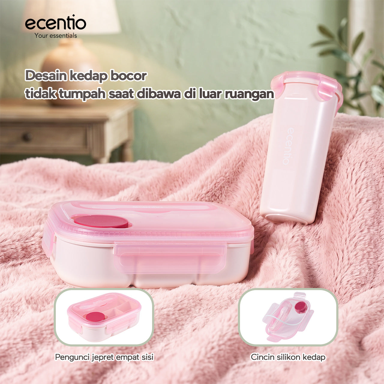 ecentio Lunch Box Anti Tumpah 1200ML + Botol Minum 500ML BPA Free Tempat Bekal Makan Anak Sekolah Kotak Makan Plastik Free Sendok & Kotak Saus Lunch Box Sekat Kedap Bocor Bekal Kerja