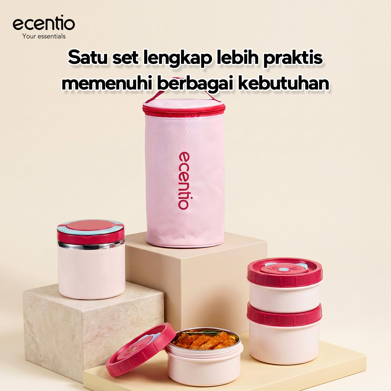 Pre- order ecentio Kotak Makan Lunch Box Set 3PCS 304 Stainless Steel Anti Bocor Anti Tumpah Bento Box Sekat Makanan dengan Tas Bekal Free Sendok BPA Free