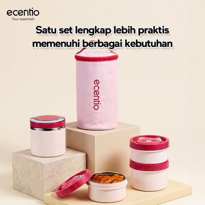 Pre- order ecentio Kotak Makan Lunch Box Set 3PCS 304 Stainless Steel Anti Bocor Anti Tumpah Bento Box Sekat Makanan dengan Tas Bekal Free Sendok BPA Free