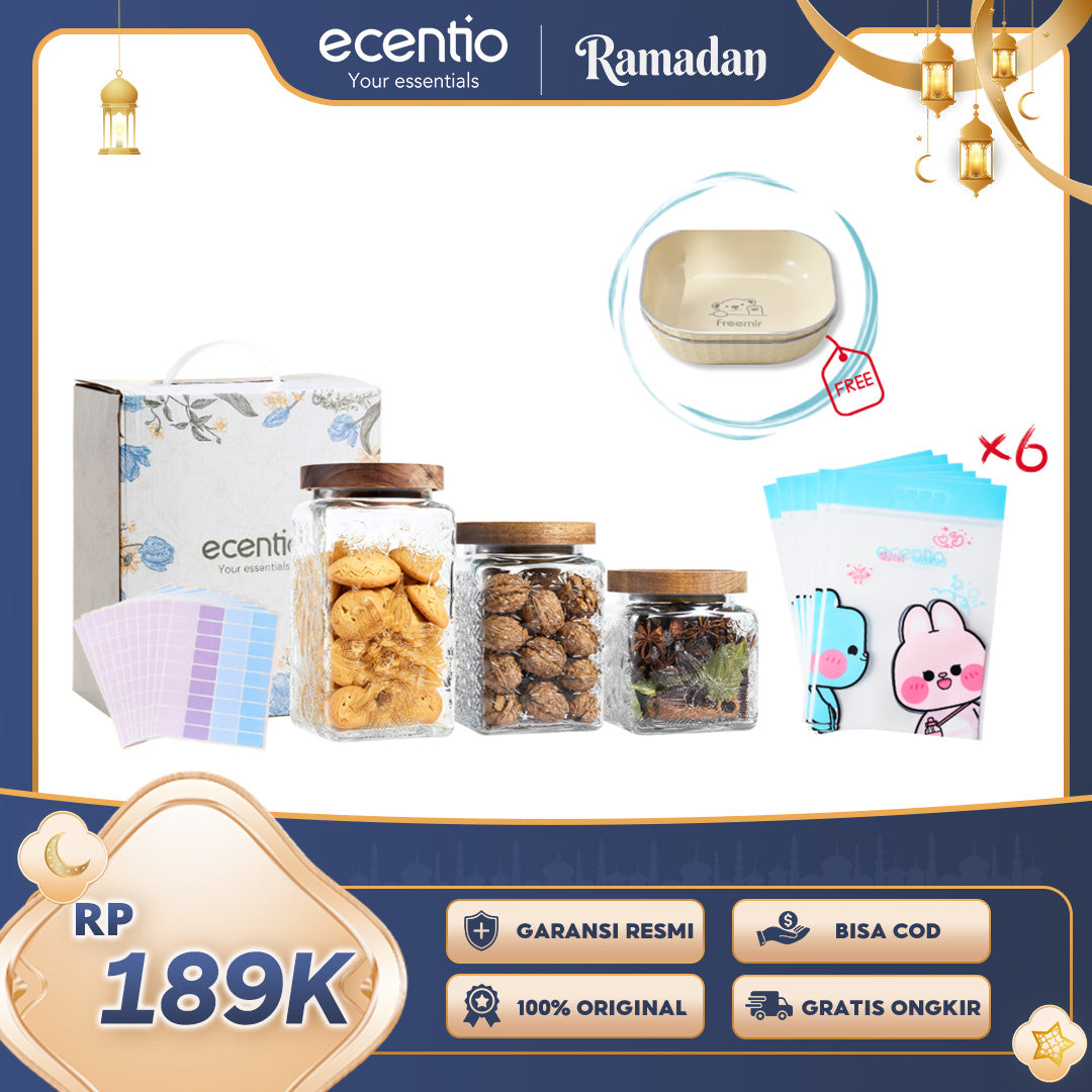 ecentio Paket Hemat Dapur Serbaguna｜Toples Kaca 3pcs + Piring Plastik Persegi 2pcs + Kantong Snack 6pcs