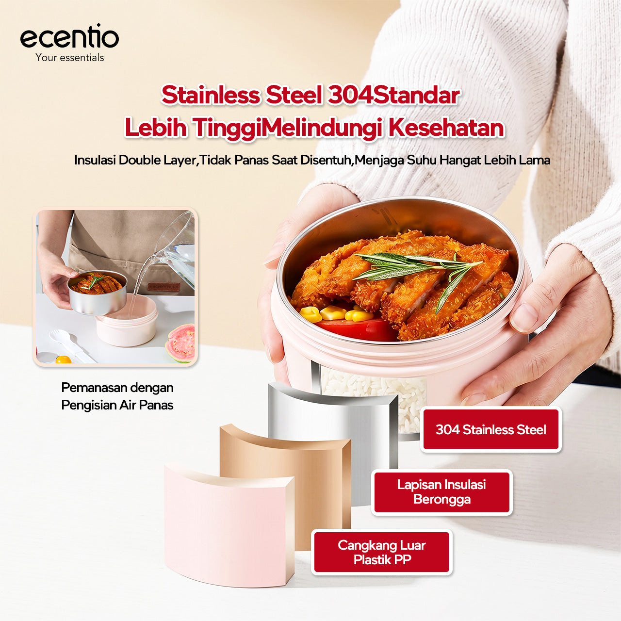 Pre- order ecentio Kotak Makan Lunch Box Set 3PCS 304 Stainless Steel Anti Bocor Anti Tumpah Bento Box Sekat Makanan dengan Tas Bekal Free Sendok BPA Free