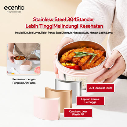 Pre- order ecentio Kotak Makan Lunch Box Set 3PCS 304 Stainless Steel Anti Bocor Anti Tumpah Bento Box Sekat Makanan dengan Tas Bekal Free Sendok BPA Free