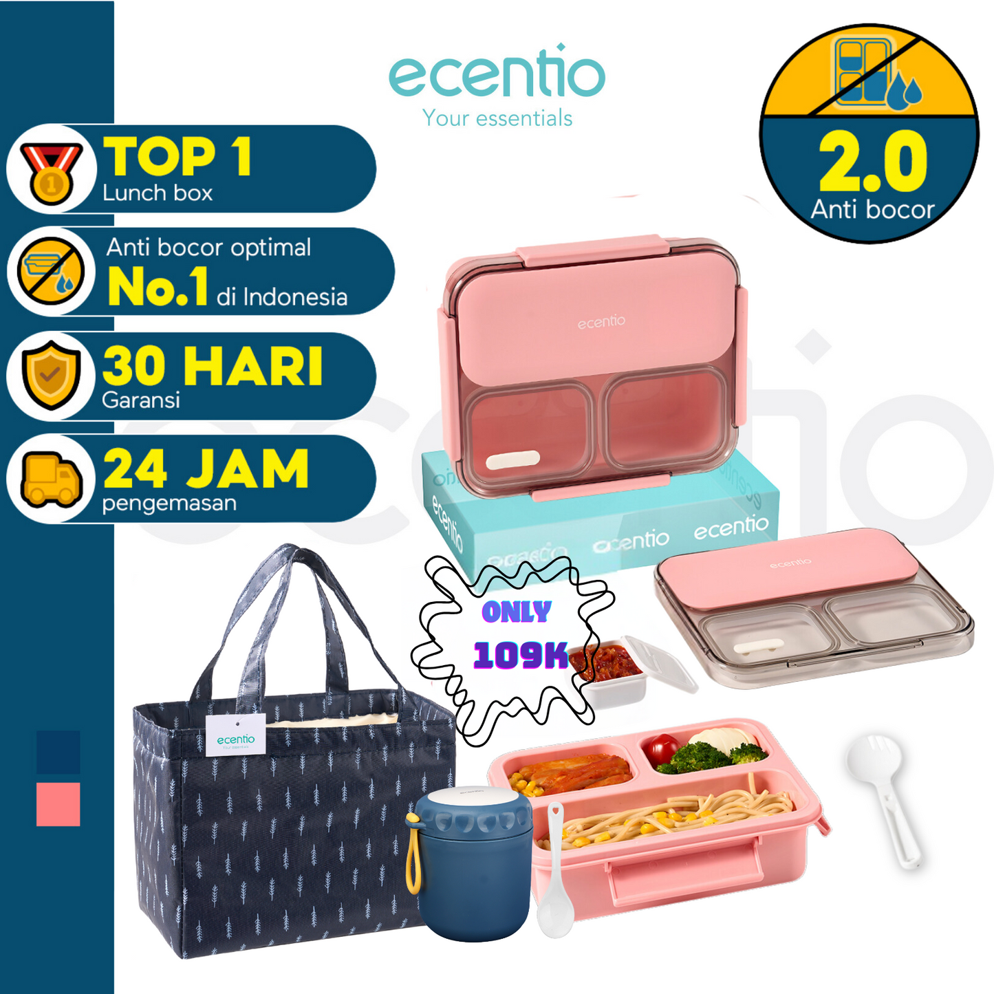 【Buy 1 Get 3】【Anti Tumpah 2.0】ecentio lunch box 1150ml sekat 3 dengan kotak sauce BPA free tempat makan