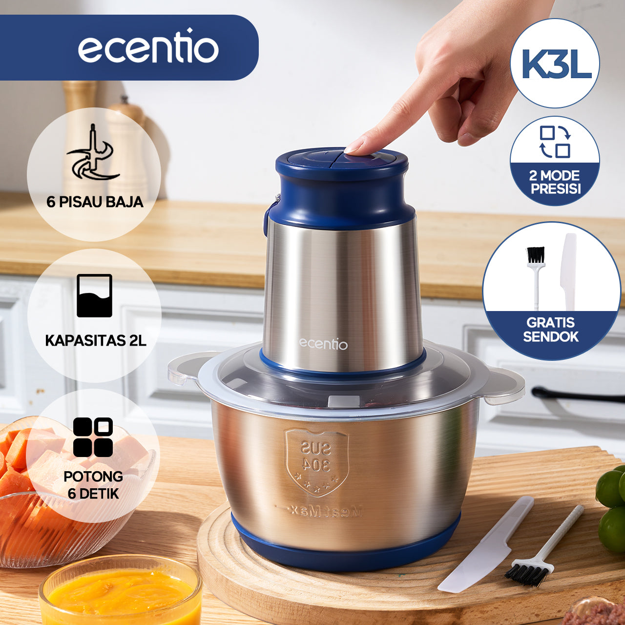 ecentio Chopper Stainless Blender Multifungsi 2L 6 Mata Pisau 2 Mode Presis IFood Grade Garansi 1 Tahun