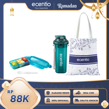 ecentio Paket Lifestyle Praktis Botol Minum 500ml + Snack Box + Tas Kanvas Batik Stylish & Fungsional Pilihan Warna Hijau / Abu / Merah