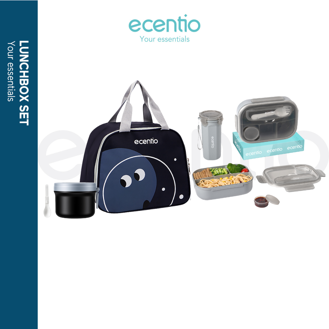 【Buy 1 Get 4】ecentio Daily Bekal Set — Lunch Box 4 Sekat + Botol Minum Set + Tas Bekal + Soup pot 304 stainless steel