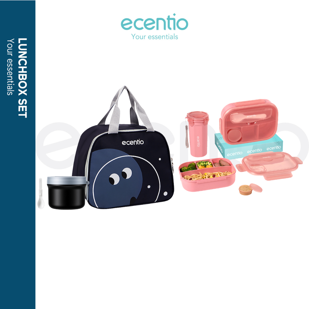 【Buy 1 Get 4】ecentio Daily Bekal Set — Lunch Box 4 Sekat + Botol Minum Set + Tas Bekal + Soup pot 304 stainless steel