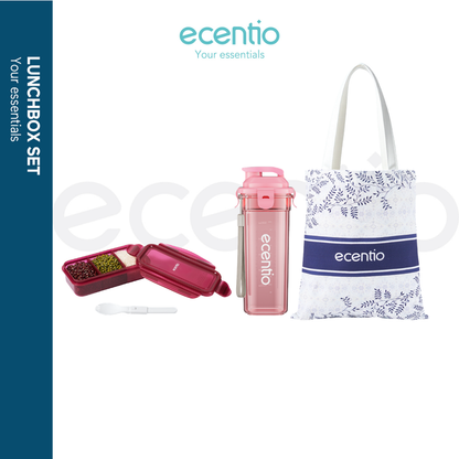 ecentio Paket Lifestyle Praktis Botol Minum 500ml + Snack Box + Tas Kanvas Batik Stylish & Fungsional Pilihan Warna Hijau / Abu / Merah