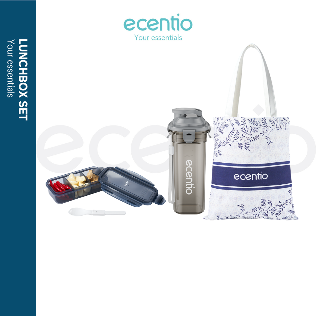 ecentio Paket Lifestyle Praktis Botol Minum 500ml + Snack Box + Tas Kanvas Batik Stylish & Fungsional Pilihan Warna Hijau / Abu / Merah