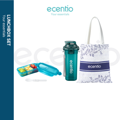 ecentio Paket Lifestyle Praktis Botol Minum 500ml + Snack Box + Tas Kanvas Batik Stylish & Fungsional Pilihan Warna Hijau / Abu / Merah