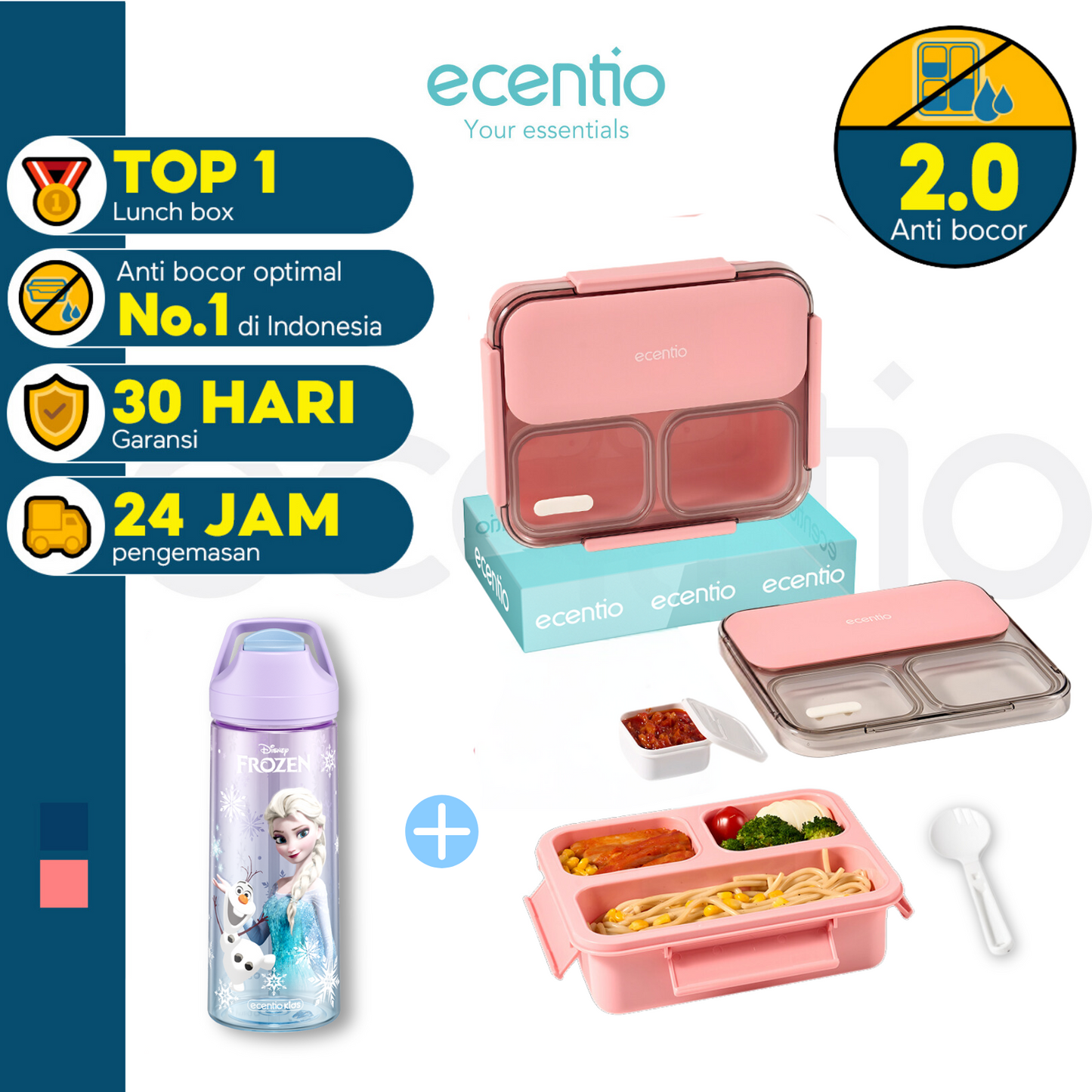 【🌟Pre-Order】【🌟2 Pcs Set】【Anti Tumpah 2.0】ecentio lunch box 1150ml sekat 3 dengan kotak sauce BPA free tempat makan+Disney botol minum