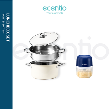 ecentio x Freemir Healthy Cooking Set — Steamer 24cm / Chopper 250ml/Lunch Box set/Botol Aluminium 750ml
