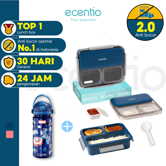 【🌟2 Pcs Set】【Anti Tumpah 2.0】ecentio lunch box 1150ml sekat 3 dengan kotak sauce BPA free tempat makan+Disney botol minum