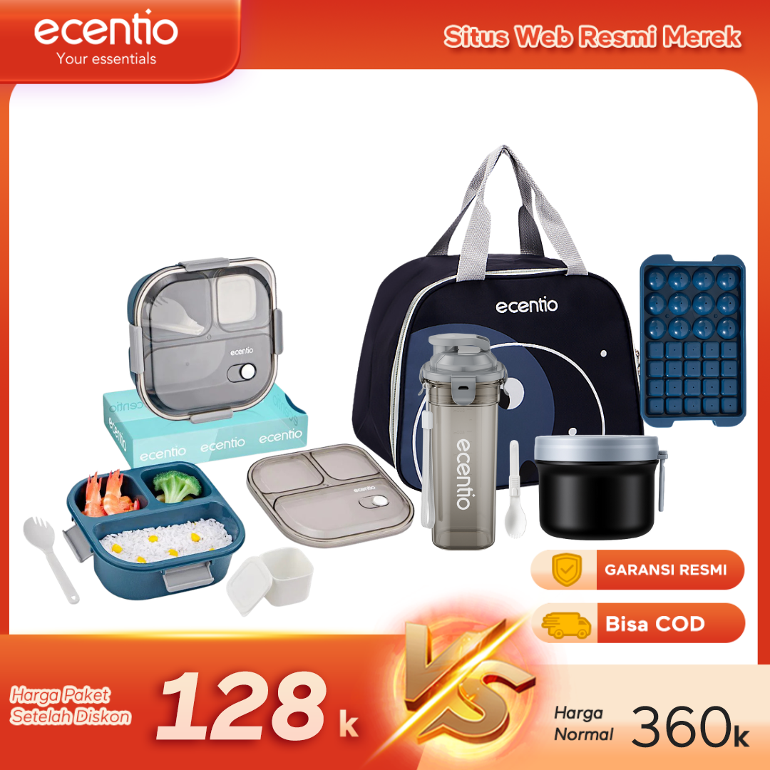 【Buy 1 Get 5】ecentio Bekal Set 5in1 — Lunch Box 3 Sekat 1100ml + Botol Infuser 500ml + Tas Bekal + Soup pot 304 stainless steel+Ice Tray 32 Grid