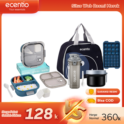 【Buy 1 Get 5】ecentio Bekal Set 5in1 — Lunch Box 3 Sekat 1100ml + Botol Infuser 500ml + Tas Bekal + Soup pot 304 stainless steel+Ice Tray 32 Grid