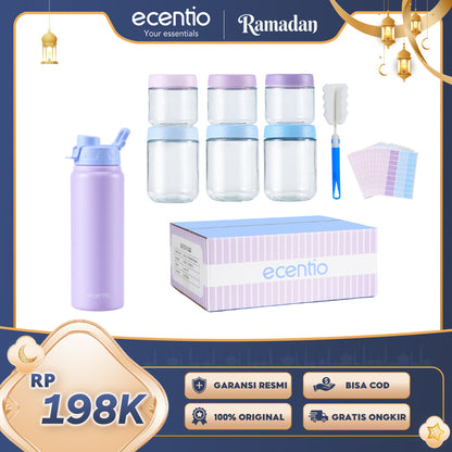 ecentio Paket Hemat Dapur & Minum｜Toples Kaca 6pcs + Botol Minum Aluminium 750ml + Label Morandi