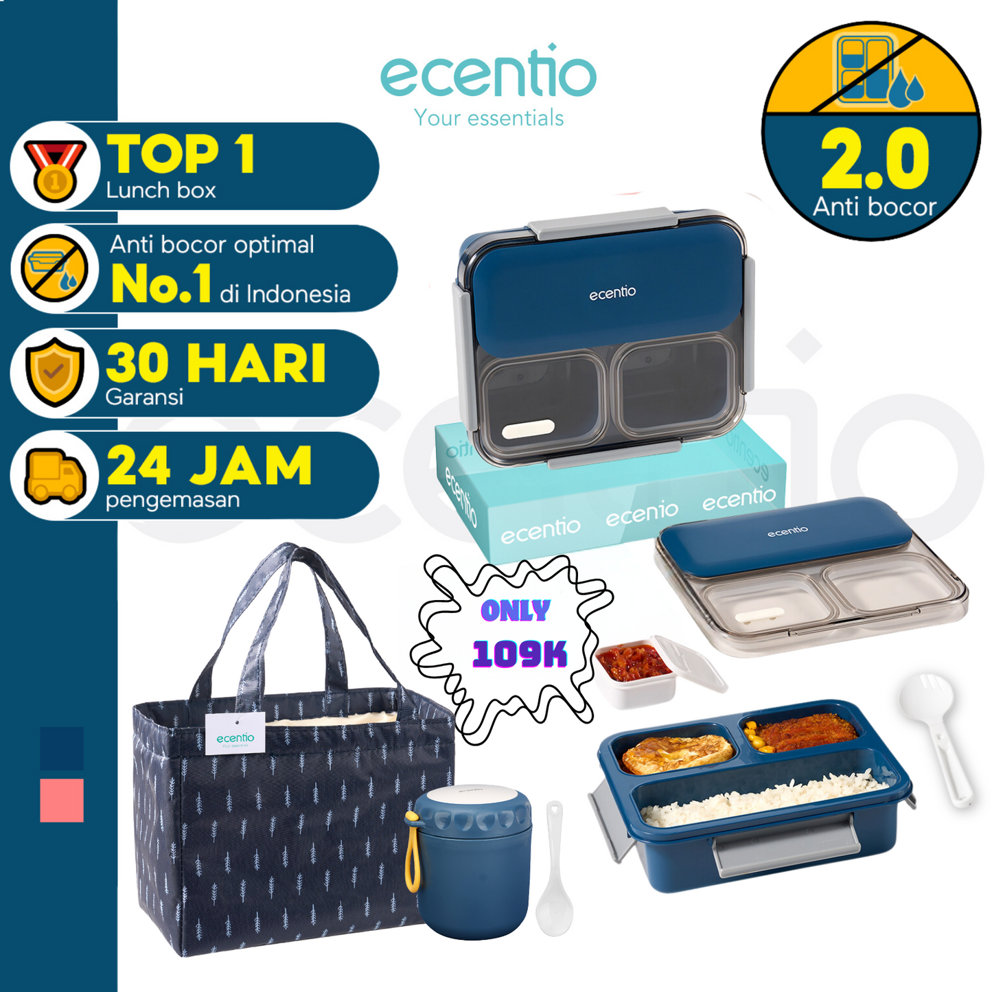 【Buy 1 Get 3】【Anti Tumpah 2.0】ecentio lunch box 1150ml sekat 3 dengan kotak sauce BPA free tempat makan