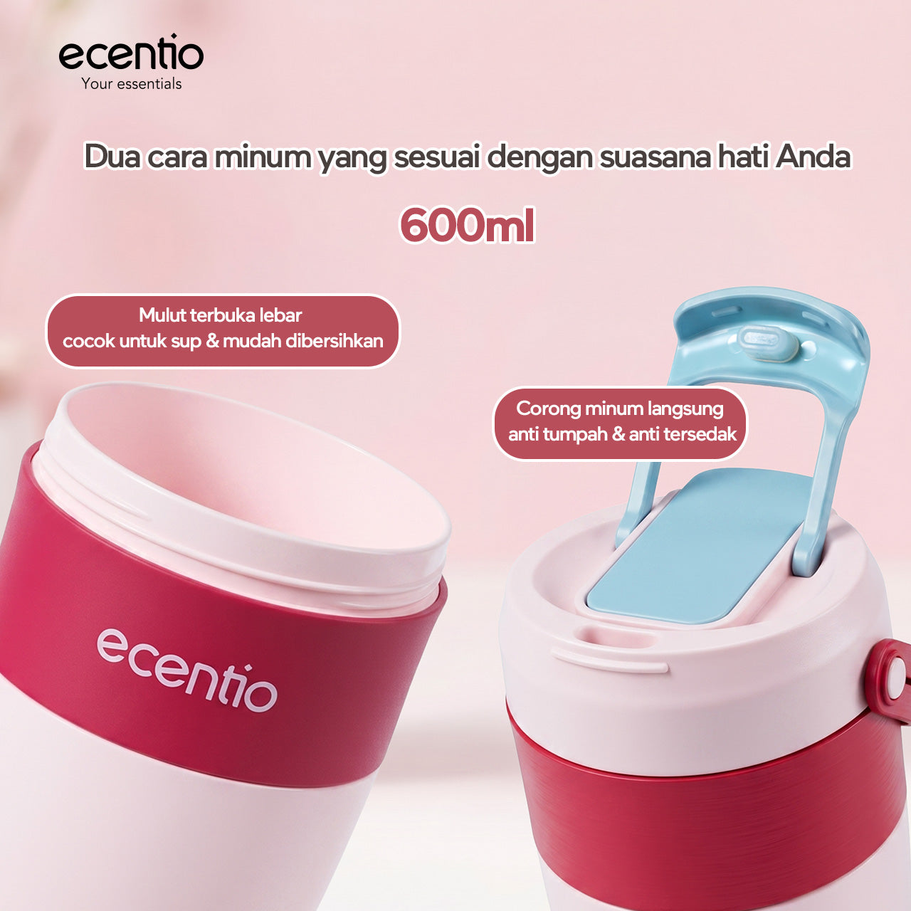 ecentio Lunch Box Anti Tumpah 1200ML + Botol Minum 500ML BPA Free Tempat Bekal Makan Anak Sekolah Kotak Makan Plastik Free Sendok & Kotak Saus Lunch Box Sekat Kedap Bocor Bekal Kerja