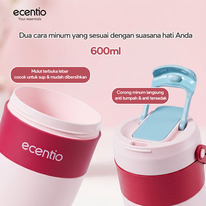 ecentio Lunch Box Anti Tumpah 1200ML + Botol Minum 500ML BPA Free Tempat Bekal Makan Anak Sekolah Kotak Makan Plastik Free Sendok & Kotak Saus Lunch Box Sekat Kedap Bocor Bekal Kerja