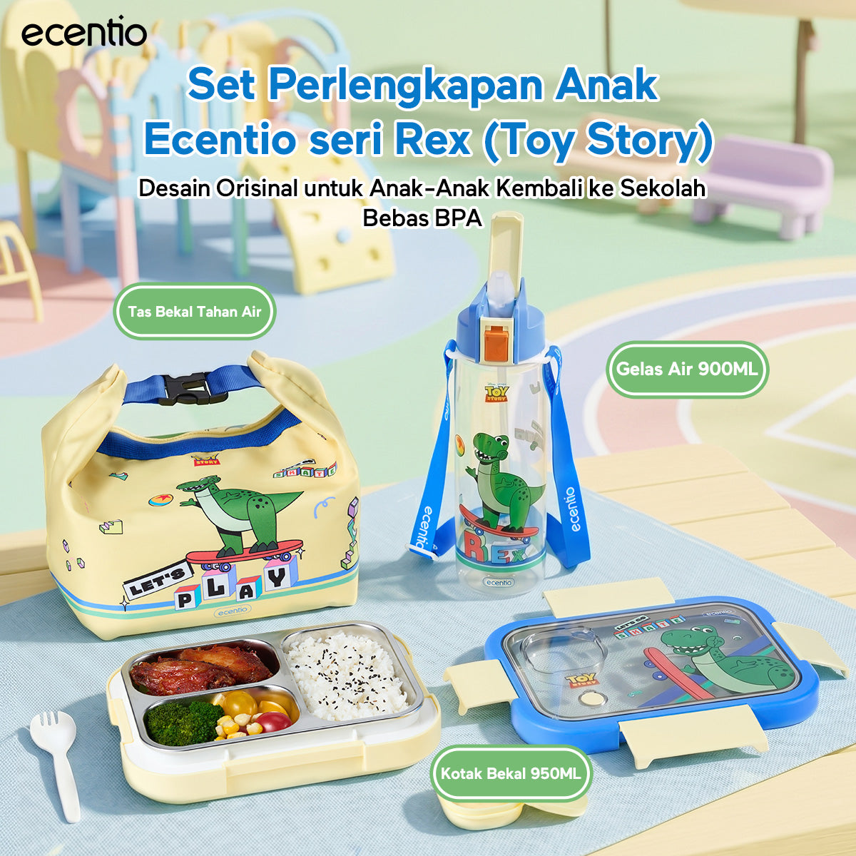 [Back To School] ecentio Kotak Makan Anak Rex Set Bekal Sekolah Toy story Lunch Box Stainless 750ml Botol Minum 900ml Tas Bekal BPA Free Tempat Makan Anak