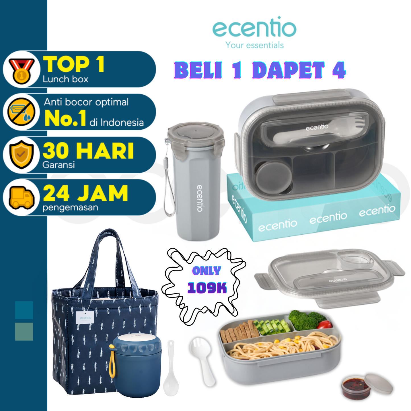 【Buy 1 Get 4】ecentio kotak bekal anti tumpah kotak tempat bekal 1200ml+500ml free sendok kotak saus BPA FREE