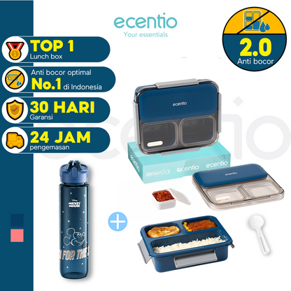 【2 Pcs Set】【Anti Tumpah 2.0】ecentio lunch box 1150ml sekat 3 dengan kotak sauce BPA free tempat makan+Disney botol minum