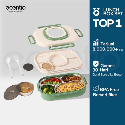 【1.0 anti tumpah】ecentio lunch box stainless 1100ml dan tempat sup 360ml sauce free sendok