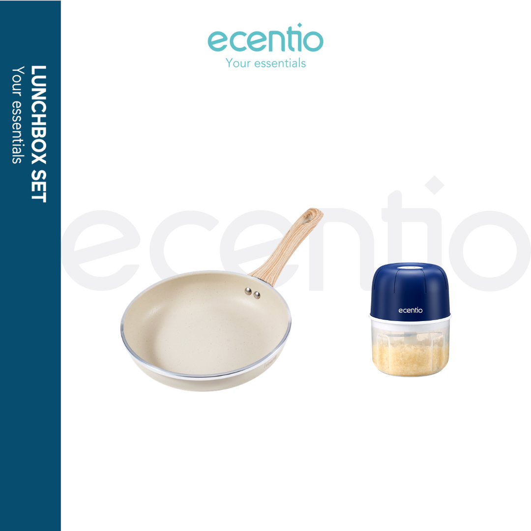 ecentio x Freemir Beige Kitchen Set — Wajan 24cm / Chopper 250ml/Lunch Box set/Botol Aluminium 750ml