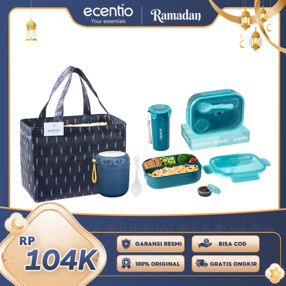 【Buy 1 Get 4】ecentio Daily Bekal Set — Lunch Box 4 Sekat + Botol Minum Set + Tas Makan Besar + Soup Cup