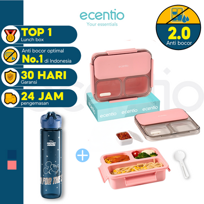 【2 Pcs Set】【Anti Tumpah 2.0】ecentio lunch box 1150ml sekat 3 dengan kotak sauce BPA free tempat makan+Disney botol minum